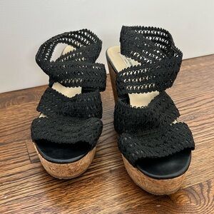 L.K. Bennett black lace cork wedge heels - size 39